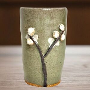 Studio Art Pottery Stoneware Tumbler Mug Vase Branch Botanical Rustic Signed